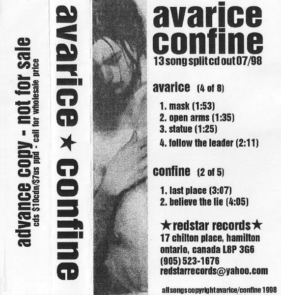 Avarice and Confine split sampler tape by Redstar Records