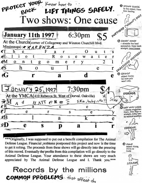 Benefit for the Animal Defense League Compilation, January 11th and 25th 1997. With Karenza, The Far Outs, Eliot Rosewater, Montgomery 21, Shoulder, Grade, The Mad Hatters, Racer, Jersey, Blake and Despair.