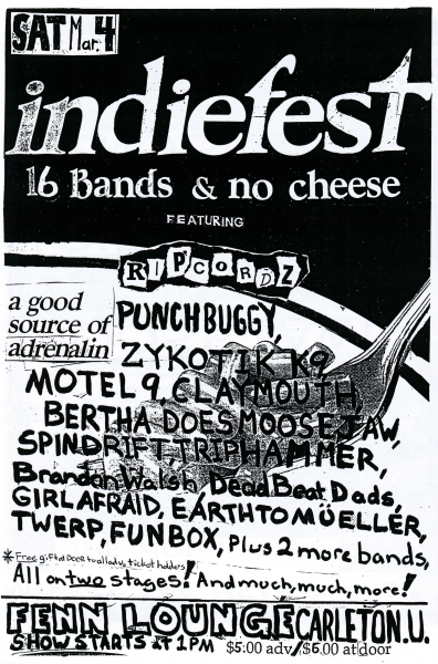 Twerp performing at the Indiefest at Fenn Lounge on March 4th 1993 with Punchbuggy, Zykotik K9, Motel 9, Claymouth, Bertha Does Moosejaw, Spindrift, Triphammer, Brandon Walsh, Dead Beat Dads, Girlafraid, Earthtomueller and Funbox