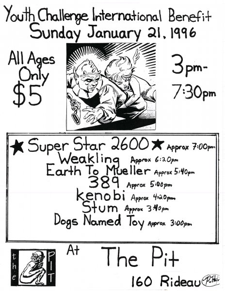 Kenobi performing at The Pit for the Youth Challenge International Benefit on January 21st 1996 with Super Star 2600, Weakling, Earth to Mueller, 389, Stum and Dogs Named Toy